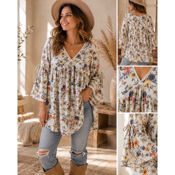 Umgee Tops - Umgee USA M Floral Boho Tunic Top Bell Sleeve V Neck Peasant Cottagecore